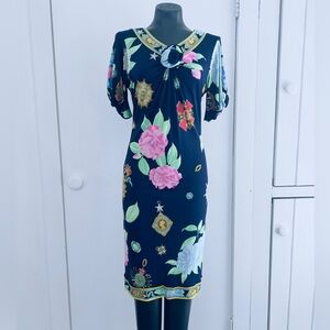Vintage Leonard Paris Floral Navy Dress with Rare Rosette Detail